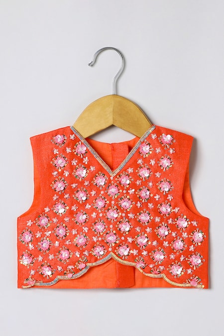 Buy_Byb Premium_Orange Tissue, Chanderi Embroidery, Fabric Flowers Hand Top Skirt Set 