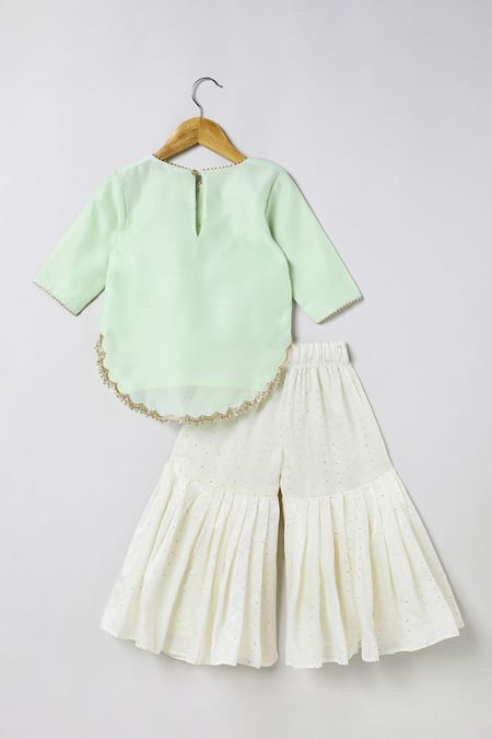 Shop_Byb Premium_Green Chanderi Embroidery, Sequins, Zari Sage Top And Sharara Set 