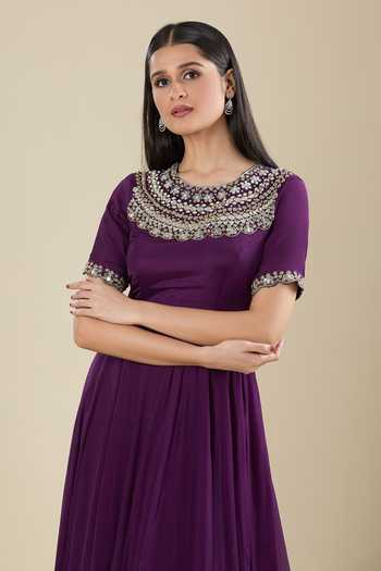 Buy_Samyukta Singhania_Purple Chinon Zari Round Neck Anarkali With Mirror Work 