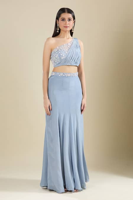 Buy_Samyukta Singhania_Gray Crepe Sequins Asymmetric Sequence Embroidered Grey Lehenga Set 