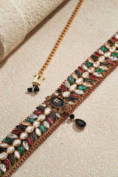 Tarun Tahiliani_Red Crystals Multi Color Fancy Stones Belt _Online_at_Aza_Fashions