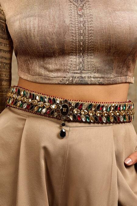 Buy_Tarun Tahiliani_Red Crystals Multi Color Fancy Stones Belt _Online_at_Aza_Fashions