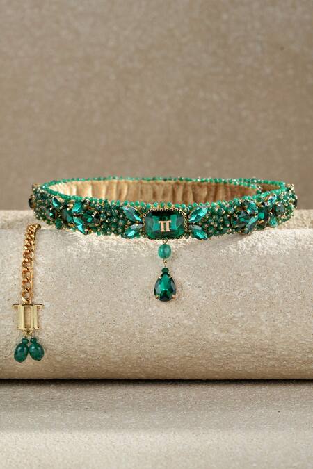Tarun Tahiliani_Emerald Green Beads Belt _Online_at_Aza_Fashions