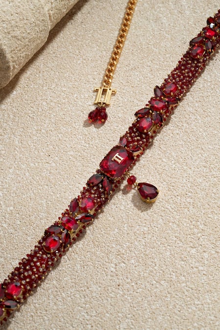Shop_Tarun Tahiliani_Red Beads Ruby Embellished Belt _Online_at_Aza_Fashions