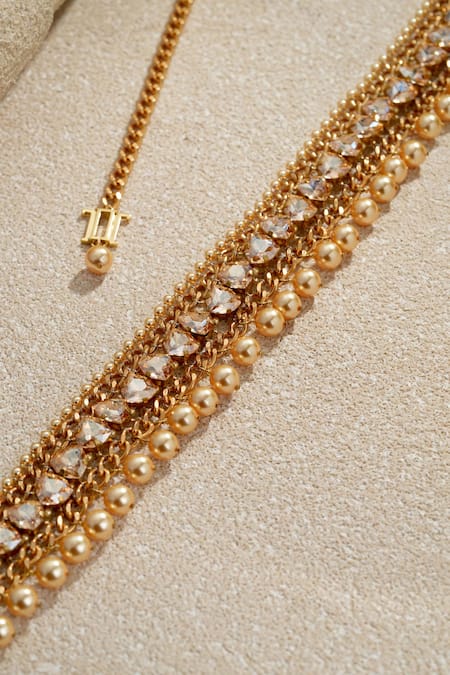 Tarun Tahiliani_Gold Stones, Pearls Swarovski Embellished Belt _Online_at_Aza_Fashions