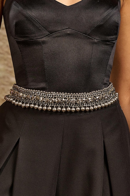 Tarun Tahiliani_Gray Stones, Pearls Gunmetal Grey Embellished Belt _Online_at_Aza_Fashions