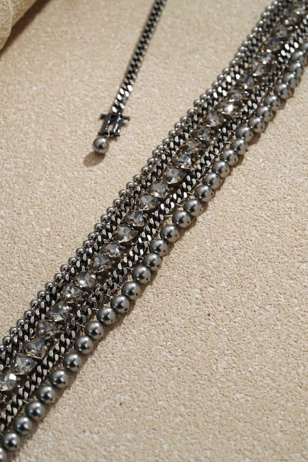 Buy_Tarun Tahiliani_Gray Stones, Pearls Gunmetal Grey Embellished Belt _Online_at_Aza_Fashions
