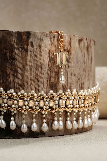 Tarun Tahiliani_Ivory Stones Swarovski Pearl Embellished Belt _Online_at_Aza_Fashions