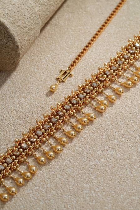 Tarun Tahiliani_Gold Stones Swarovski Pearls Embellished Belt _Online_at_Aza_Fashions