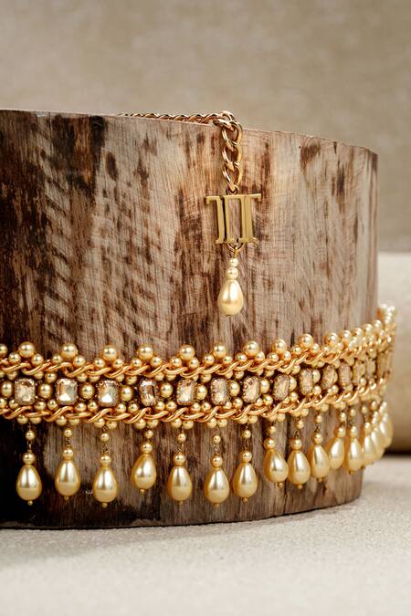 Buy_Tarun Tahiliani_Gold Stones Swarovski Pearls Embellished Belt _Online_at_Aza_Fashions