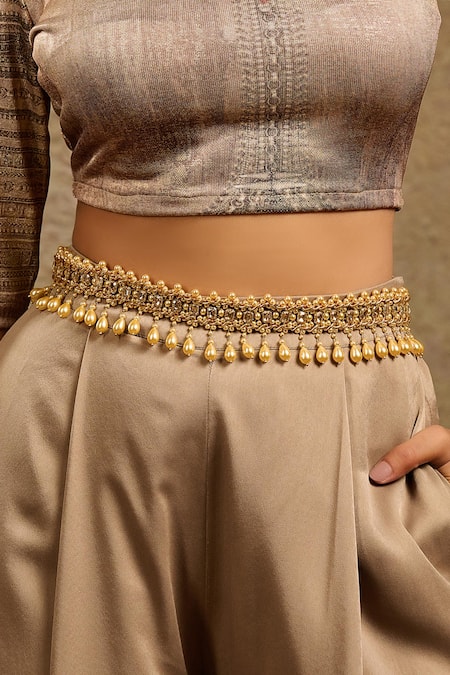 Tarun Tahiliani Gold Swarovski Pearls Embellished Belt 