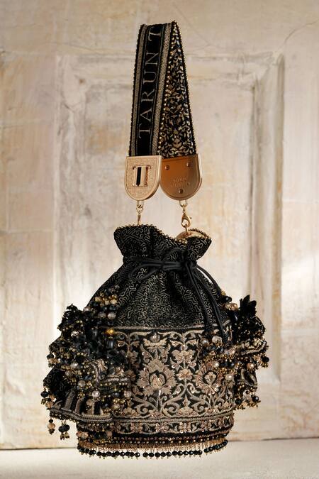 Tarun Tahiliani_Black Stones, Beads Velvet Potli Bag _Online_at_Aza_Fashions