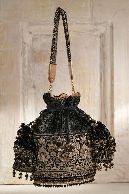 Tarun Tahiliani Black Velvet Potli Bag 