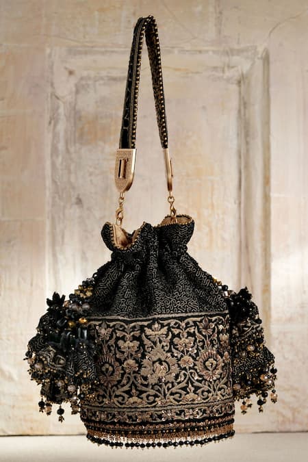 Shop_Tarun Tahiliani_Black Stones, Beads Velvet Potli Bag _Online_at_Aza_Fashions