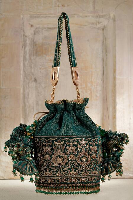 Tarun Tahiliani_Green Stones, Beads Moss Velvet Potli Bag _Online_at_Aza_Fashions