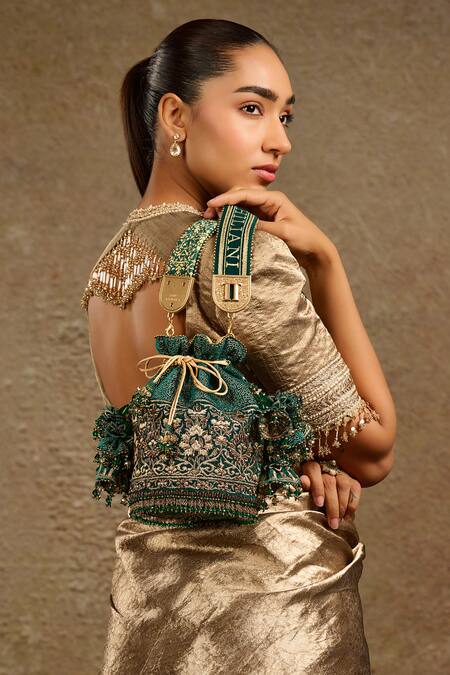 Buy_Tarun Tahiliani_Green Stones, Beads Moss Velvet Potli Bag _Online_at_Aza_Fashions