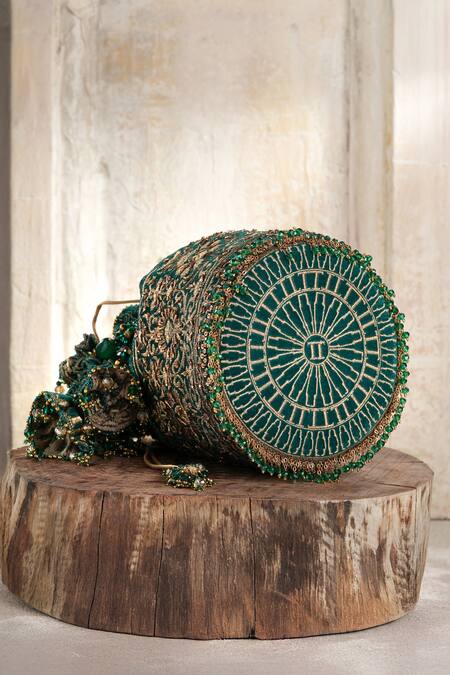 Shop_Tarun Tahiliani_Green Stones, Beads Moss Velvet Potli Bag _Online_at_Aza_Fashions