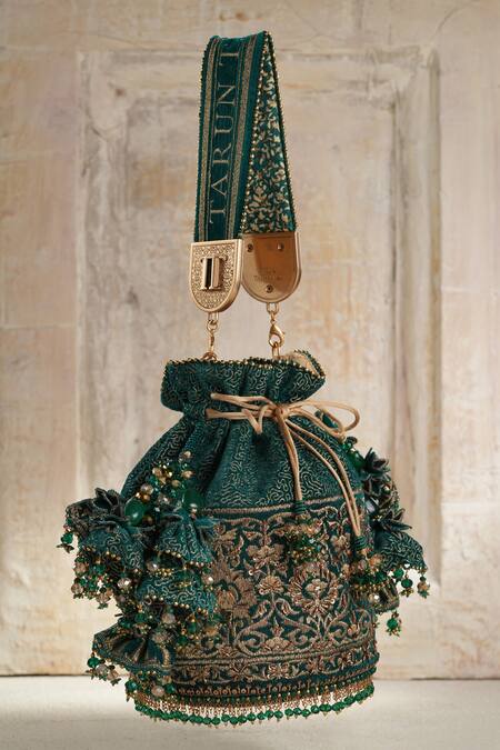 Tarun Tahiliani_Green Stones, Beads Moss Velvet Potli Bag _at_Aza_Fashions