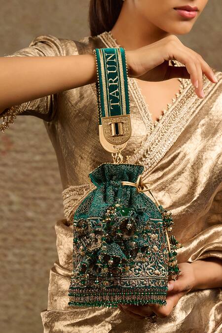 Buy_Tarun Tahiliani_Green Stones, Beads Moss Velvet Potli Bag 