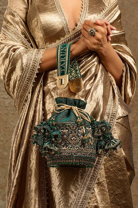 Shop_Tarun Tahiliani_Green Stones, Beads Moss Velvet Potli Bag 