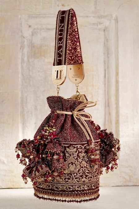 Tarun Tahiliani Maroon Velvet Potli Bag 