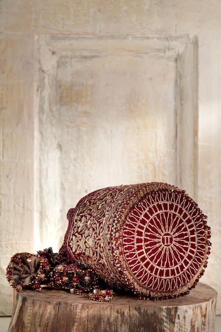 Tarun Tahiliani_Maroon Stones, Beads Velvet Potli Bag _Online_at_Aza_Fashions