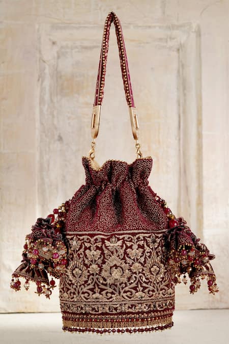 Buy_Tarun Tahiliani_Maroon Stones, Beads Velvet Potli Bag _Online_at_Aza_Fashions