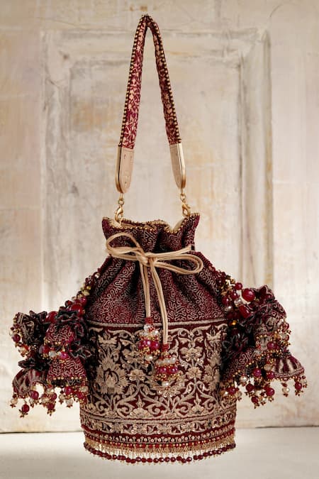 Shop_Tarun Tahiliani_Maroon Stones, Beads Velvet Potli Bag _Online_at_Aza_Fashions
