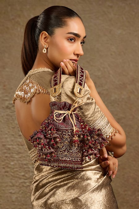 Tarun Tahiliani Maroon Velvet Potli Bag 