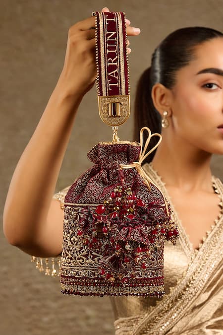 Tarun Tahiliani_Maroon Stones, Beads Velvet Potli Bag _at_Aza_Fashions