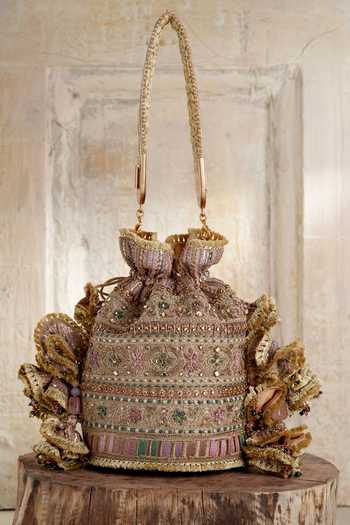 Shop_Tarun Tahiliani_Gold Stones, Beads Multi Color Potli Bag _Online_at_Aza_Fashions