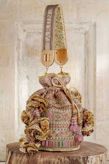 Tarun Tahiliani_Gold Stones, Beads Multi Color Potli Bag _at_Aza_Fashions