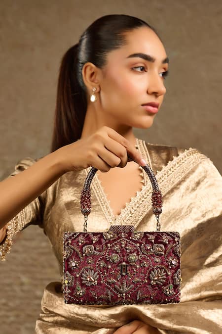 Tarun Tahiliani Wine Crystals, Beads Velvet Embroidered Clutch Online at Aza Fashions Tarun Tahiliani_Wine Crystals, Beads Velvet Embroidered Clutch _Online_at_Aza_Fashions