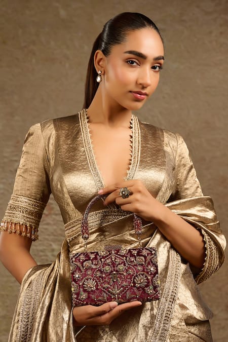 Tarun Tahiliani Wine Velvet Embroidered Clutch 