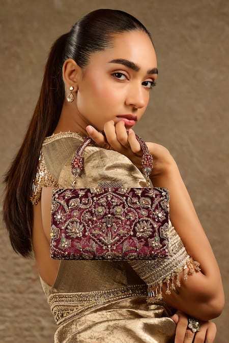 Buy Tarun Tahiliani Wine Crystals, Beads Velvet Embroidered Clutch Online at Aza Fashions Buy_Tarun Tahiliani_Wine Crystals, Beads Velvet Embroidered Clutch _Online_at_Aza_Fashions