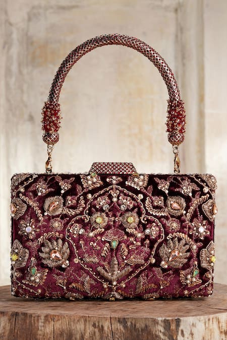 Tarun Tahiliani Wine Velvet Embroidered Clutch 
