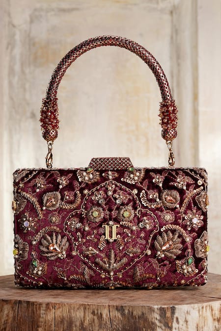 Shop_Tarun Tahiliani_Wine Crystals, Beads Velvet Embroidered Clutch _Online_at_Aza_Fashions