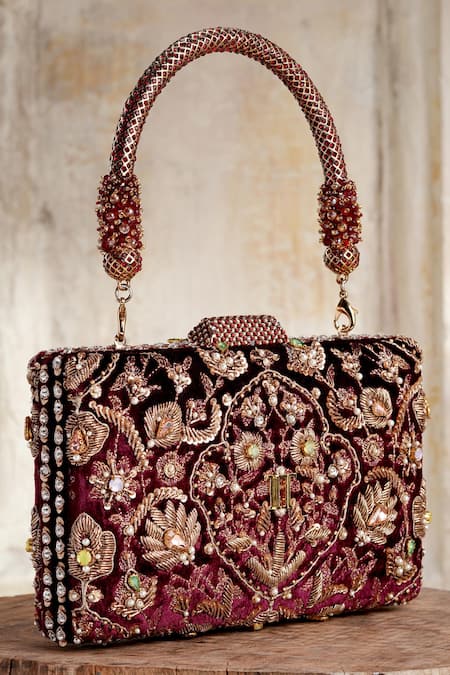 Tarun Tahiliani_Wine Crystals, Beads Velvet Embroidered Clutch _at_Aza_Fashions