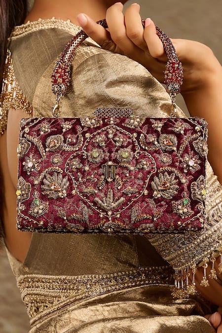 Buy Tarun Tahiliani Wine Crystals, Beads Velvet Embroidered Clutch Buy_Tarun Tahiliani_Wine Crystals, Beads Velvet Embroidered Clutch
