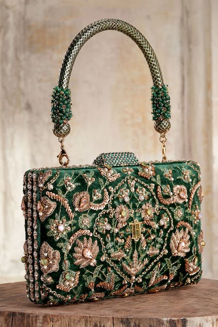 Tarun Tahiliani Emerald Green Velvet Clutch 