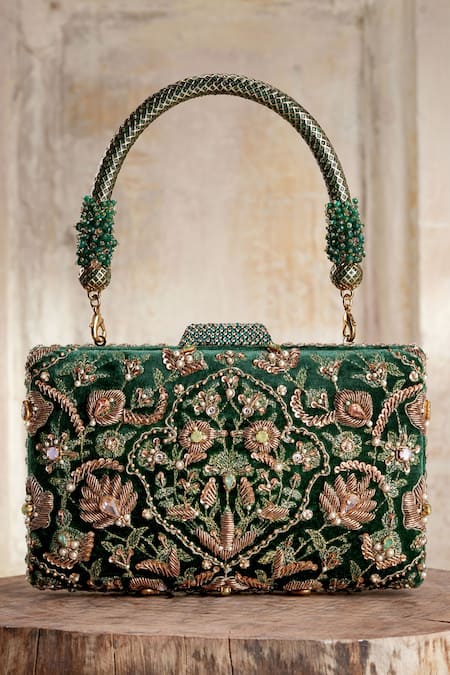 Tarun Tahiliani_Emerald Green Crystals, Stones, Beads Velvet Clutch _Online_at_Aza_Fashions