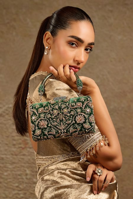 Buy_Tarun Tahiliani_Emerald Green Crystals, Stones, Beads Velvet Clutch _Online_at_Aza_Fashions