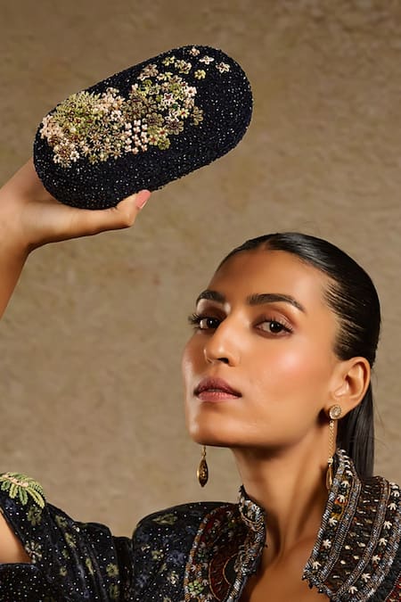 Tarun Tahiliani_Blue Stones, Beads Vintage Velvet Clutch _Online_at_Aza_Fashions