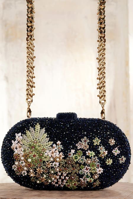 Buy_Tarun Tahiliani_Blue Stones, Beads Vintage Velvet Clutch _Online_at_Aza_Fashions