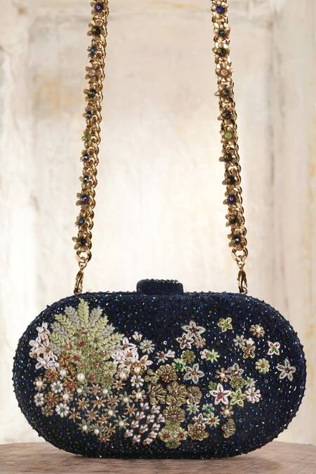 Tarun Tahiliani_Blue Stones, Beads Vintage Velvet Clutch _at_Aza_Fashions