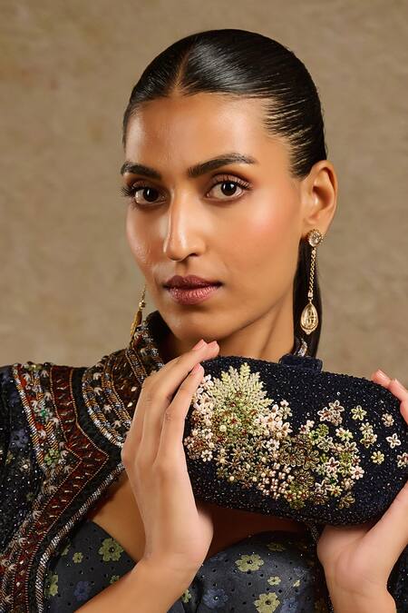 Shop_Tarun Tahiliani_Blue Stones, Beads Vintage Velvet Clutch 