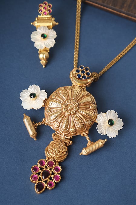 Mero Jewellery Mother Of Pearl Temple Long Pendant Necklace Set 