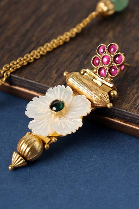 Mero Jewellery_Gold Plated Stones Mother Of Pearl Temple Long Pendant Necklace Set _Online_at_Aza_Fashions