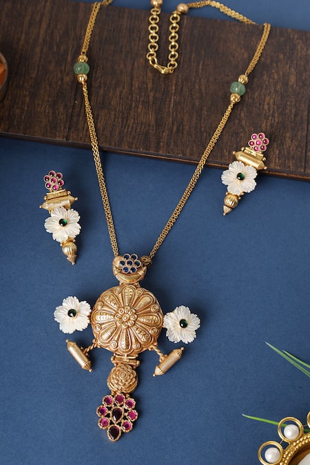 Mero Jewellery Gold Plated Stones Mother Of Pearl Temple Long Pendant Necklace Set 