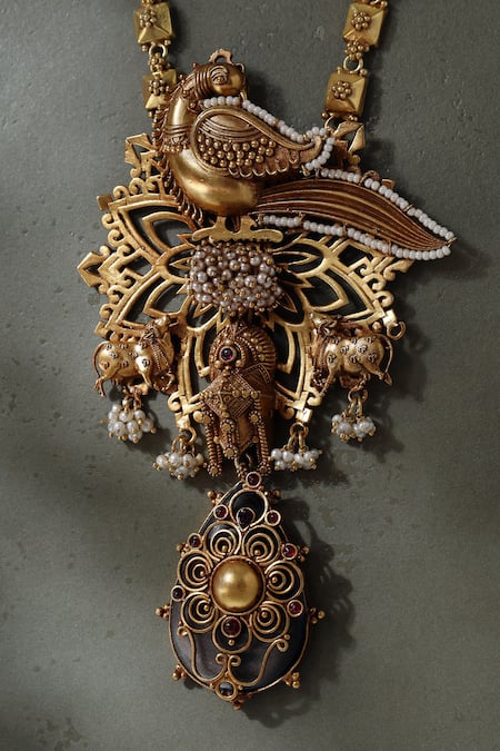 Shop_Mero Jewellery_Gold Plated Peacock Cow Temple Pendant Necklace _at_Aza_Fashions